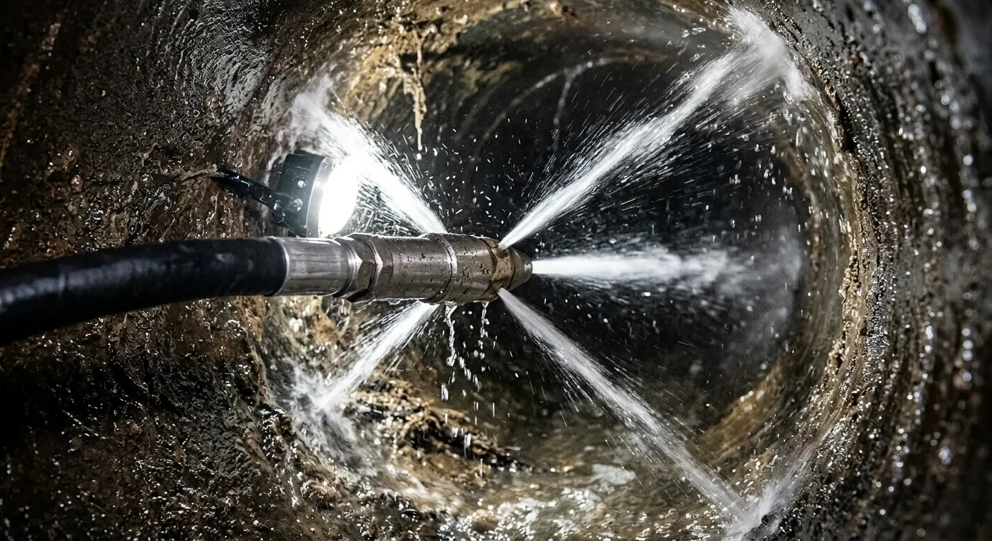 High-pressure hydro jetting nozzle cleaning sewer pipe for Trenchless Sewer Repair in Whiteland