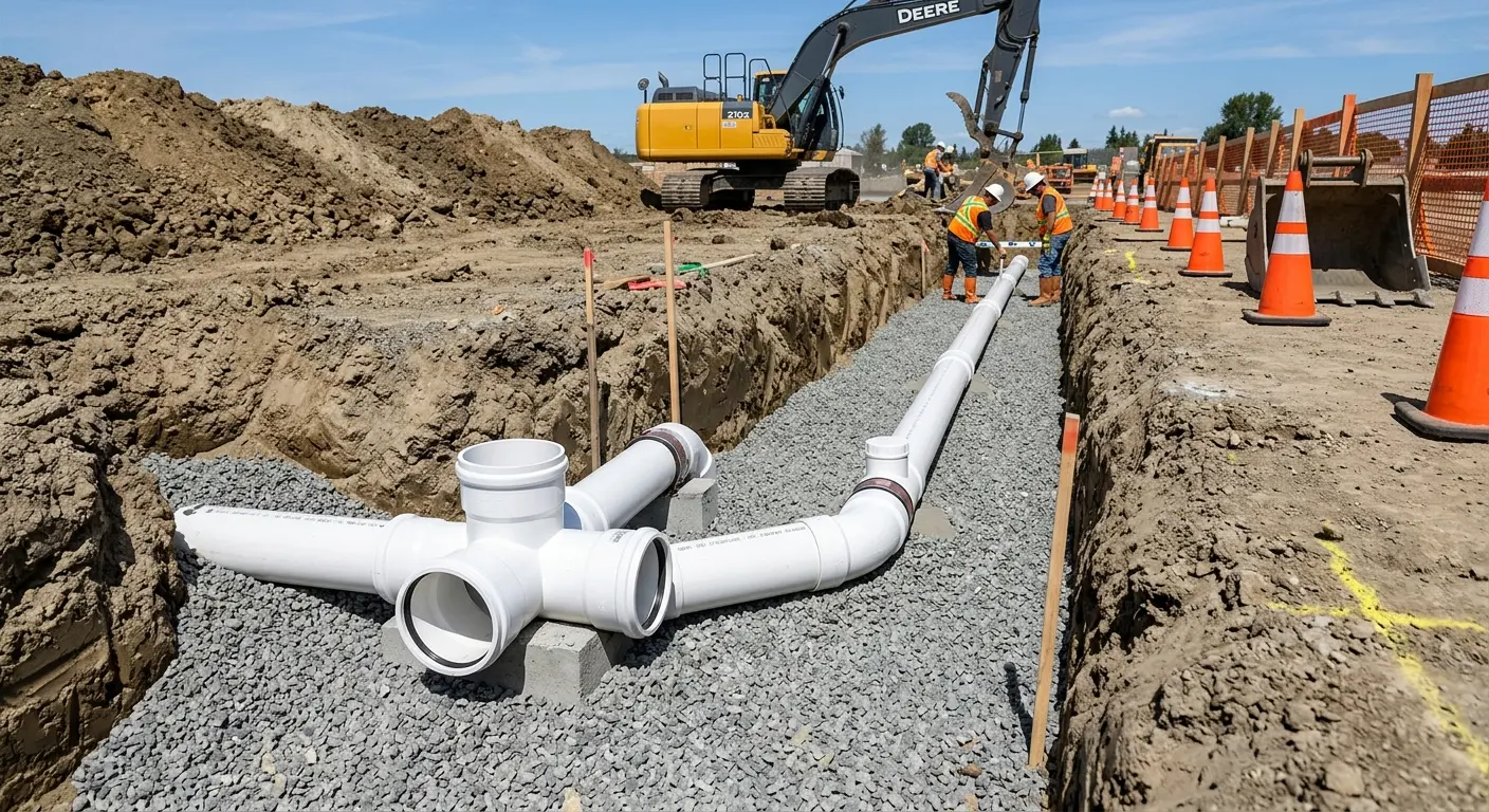 New PVC sewer pipe installation in open trench for Grease Trap Cleaning in Whiteland