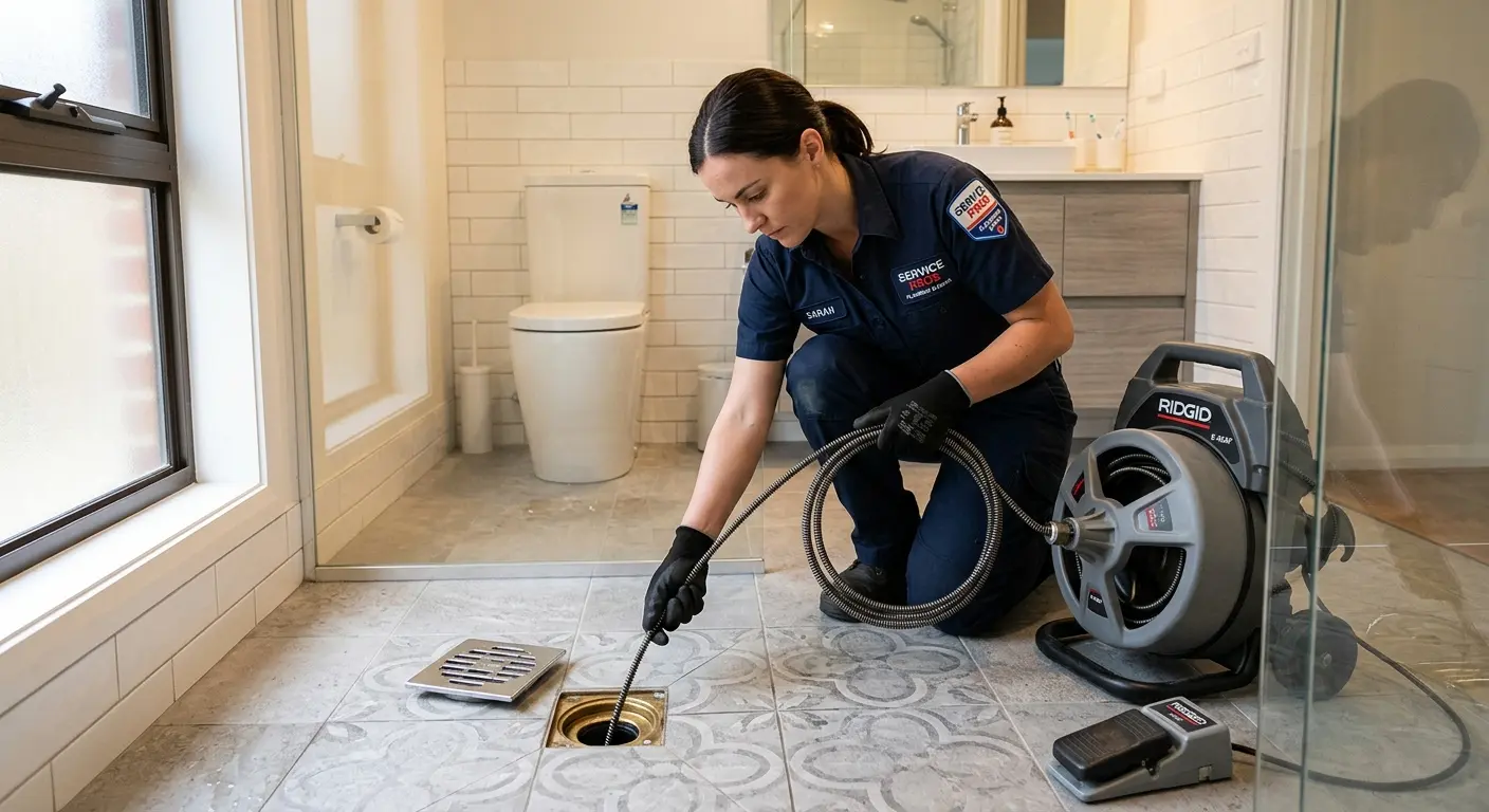 Technician clearing a bathroom floor drain for Hydro Jetting in Whiteland
